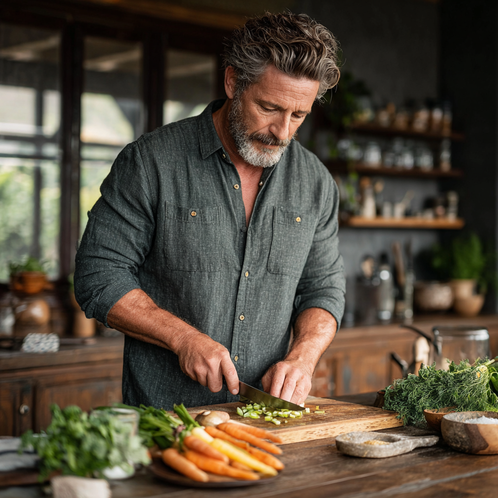 Confident man in his early 50s preparing a healthy meal in a modern kitchen, chopping vegetables on a wooden cutting board, wearing a casual button-down shirt, natural lighting from windows