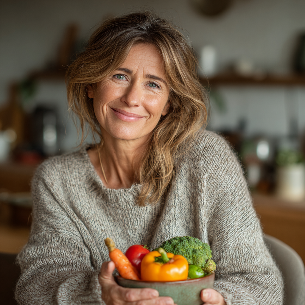 Smiling woman in her mid-40s holding a colorful bowl of fresh vegetables and grains, wearing a comfortable sweater, sitting in a bright kitchen with natural lighting